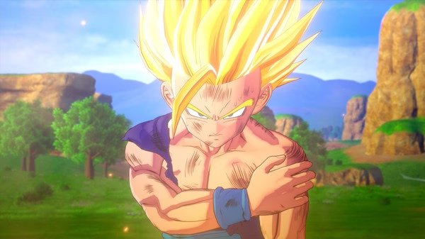 Screenshot of DRAGON BALL Z: KAKAROT showing a character with glowing hair holding their shoulder, set against a mountainous landscape.