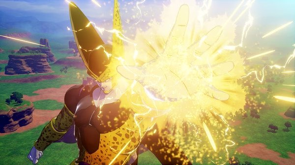 Screenshot from DRAGON BALL Z: KAKAROT showing a character with glowing energy, ready to unleash a powerful attack in a rocky landscape.
