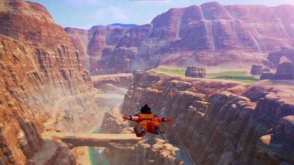 Screenshot from DRAGON BALL Z: KAKAROT showing Goku flying over a vast canyon with rocky cliffs and a river below.