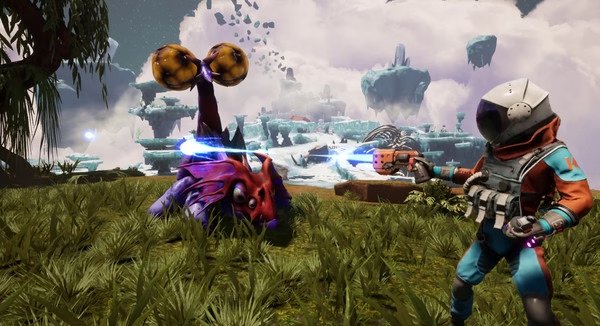 Screenshot from Journey To The Savage Planet: a player aims a weapon at a colorful alien creature in a lush, floating landscape.