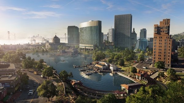 Watch_Dogs® 2 screenshot: A vibrant cityscape featuring skyscrapers, a bay with boats, and a distant bridge under a clear sky.