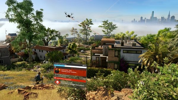 Watch_Dogs® 2 screenshot: A drone flies over a lush neighborhood with a city skyline in the background.