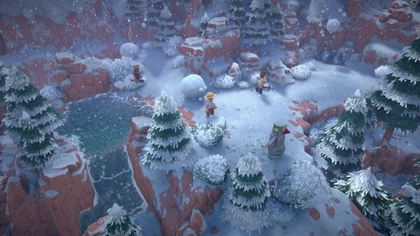 Screenshot of Luma Island game showing characters exploring a snowy landscape with pine trees and a frozen pond.