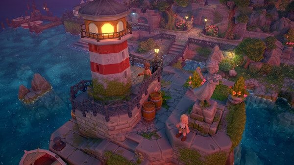 Screenshot from Luma Island game showing a lighthouse, a statue, and a character on a stone pathway by the sea.