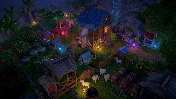 Luma Island screenshot: A vibrant farm at night with glowing lights, animals, crops, and a small wooden house near a waterfall.