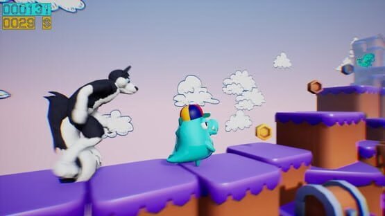 Screenshot from Dino running from a FURRY: GAMESFORFARM showing a dinosaur evading a furry character on purple platforms.