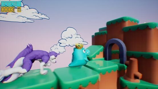 Screenshot from 'Dino running from a FURRY: GAMESFORFARM' showing a blue dinosaur with a crown fleeing from a purple furry creature.