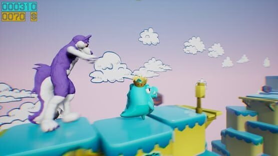 Screenshot of Dino running from a FURRY: GAMESFORFARM. A furry creature chases a small dino wearing a crown on colorful platforms.