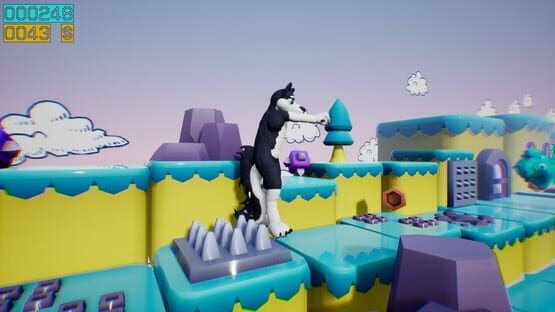 Screenshot from Dino running from a FURRY: GAMESFORFARM showing a furry character navigating a colorful, platform-filled landscape.