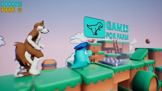 Screenshot of Dino running from a furry character in 'Dino running from a FURRY: GAMESFORFARM', set in a vibrant platform world.
