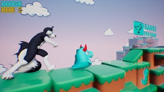 Dino running from a FURRY: GAMESFORFARM screenshot. A blue dinosaur evades a black and white wolf on a blocky terrain.