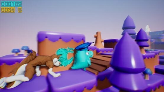 Screenshot from 'Dino running from a FURRY: GAMESFORFARM' showing a furry creature chasing a blue dino through a colorful landscape.
