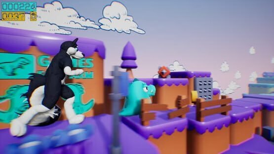 Dino running from a FURRY: GAMESFORFARM screenshot. A cartoon dinosaur flees from a furry creature in a colorful game world.