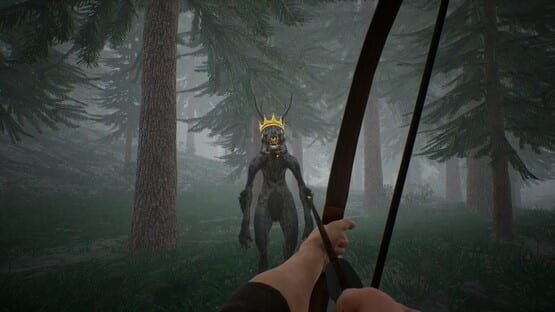 Screenshot of Bunny Hurling game showing a player aiming a bow at a creature wearing a crown in a misty forest setting.