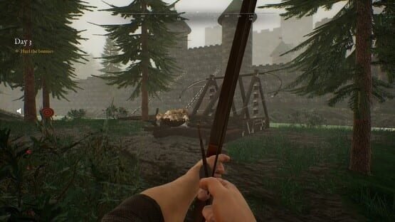A screenshot from Bunny Hurling showing a player aiming at a catapult loaded with a bunny, set near a castle surrounded by trees.