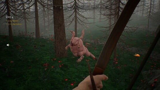 Bunny Hurling screenshot: A player aims a bow at a large, pink bunny in a foggy forest with scattered red flowers.
