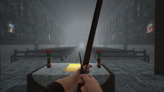 Screenshot from Bunny Hurling: A player aims an arrow inside a dimly lit church with stone walls and stained glass windows.
