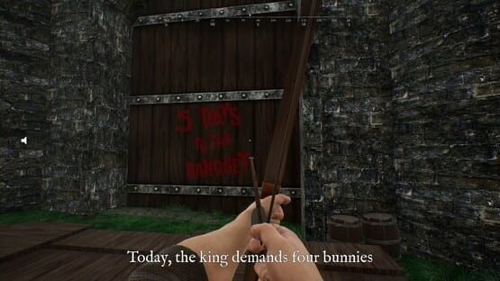 Screenshot of Bunny Hurling game. A player aims a bow at a wooden door with "5 Days to the Banquet" written on it.