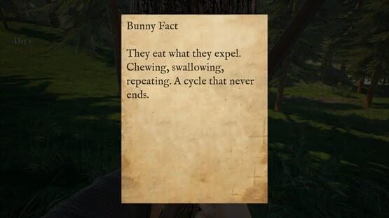 Screenshot from Bunny Hurling shows a tree with a note titled "Bunny Fact" about endless eating cycles.