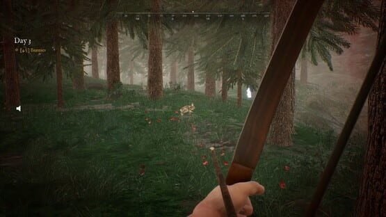 Screenshot from Bunny Hurling showing a hand holding a bow in a dense forest on Day 3 with a bunny ahead.