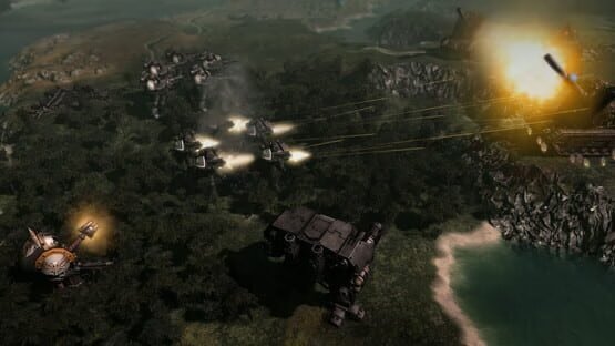 Warhammer 40,000: Gladius - Relics of War screenshot showing flying units attacking a coastal area with explosions and forest terrain.