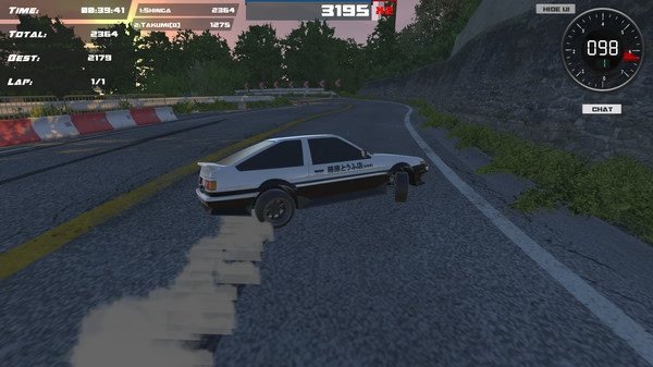 A Drift86 screenshot showing a white car drifting on a curved road with speedometer and game stats visible on the screen.