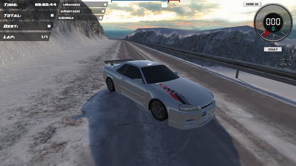 Drift86 screenshot: A silver sports car drifts on a snowy mountain road, with race stats displayed in the top left corner.
