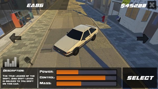 Screenshot of Drift86 showing a white car drifting on a city street, with stats for power, control, and mass displayed.