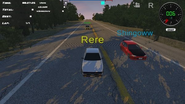 Screenshot from the racing game Drift86 showing multiple cars, including a white car labeled "Rere," on a forested road.