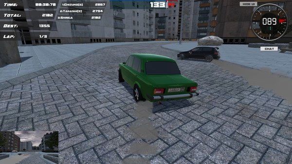 Drift86 screenshot: A green car drifts on a cobblestone street with buildings in the background, speedometer visible.