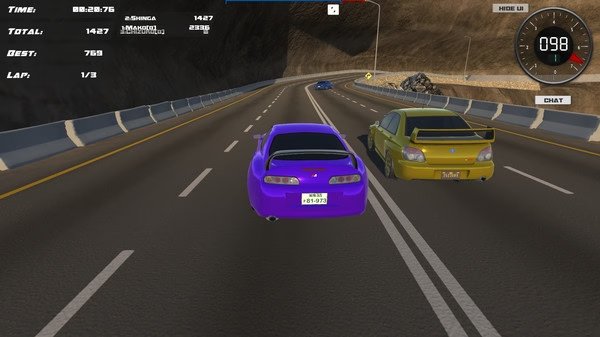 Screenshot of Drift86 showing two cars racing on a highway, with game stats visible in the top left corner.