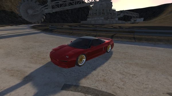 Screenshot of Drift86 showing a red sports car parked on an open road, with industrial structures in the background.
