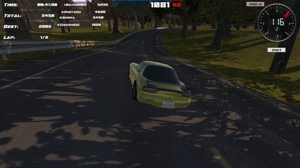 A Drift86 screenshot showing a yellow car drifting on a forest road, with speedometer and player stats displayed.