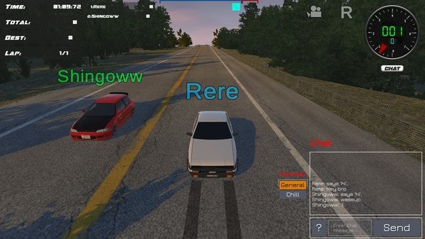 Drift86 screenshot: Two cars, a red and a white, race down a road with player names "Shingoww" and "Rere" visible above them.