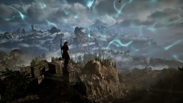 Screenshot from Gothic 1 Remake showing a lone figure standing on a stone platform overlooking a vast, mountainous landscape.