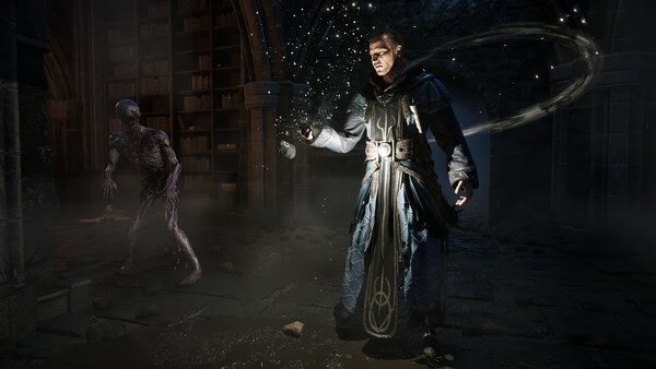 Gothic 1 Remake screenshot: A robed figure casts a spell as a zombie approaches in a dimly lit stone room.