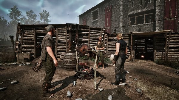 A screenshot from Gothic 1 Remake shows three characters standing near a campfire and a wooden structure in a medieval setting.