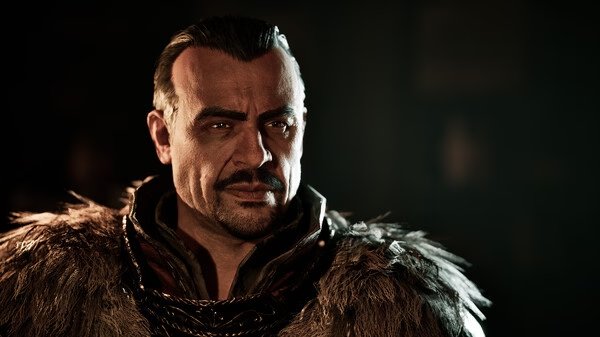 Gothic 1 Remake screenshot: A character in detailed fur armor stands in a dimly lit environment, showcasing rich textures.