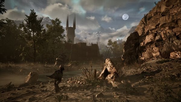Screenshot from Gothic 1 Remake showing a dinosaur-like creature in a rocky landscape with a castle and mountains under a moonlit sky.