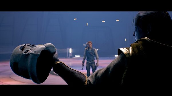A screenshot from STAR WARS Jedi: Survivor™ shows a character holding a Stormtrooper helmet as another stands armed in the background.