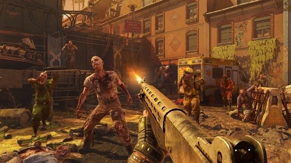 Dying Light 2 Stay Human: Reloaded Edition screenshot shows a player aiming a shotgun at approaching zombies in a city street.