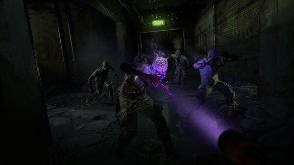 A screenshot from Dying Light 2 Stay Human: Reloaded Edition shows a player using UV light against attacking zombies in a dark hallway.