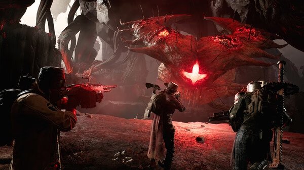 REMNANT II® screenshot: Three players aim weapons at a large, glowing red creature amidst a dark, cavernous landscape.