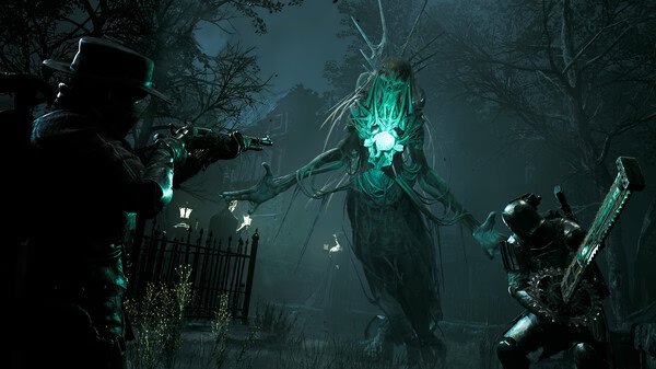 REMNANT II® screenshot: Two players confront a large, glowing tree creature in a dark, eerie forest setting.