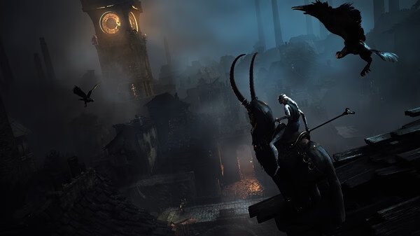 A screenshot from REMNANT II® shows a character atop a horned creature overlooking a dark, eerie city with flying ravens and a glowing clock tower.