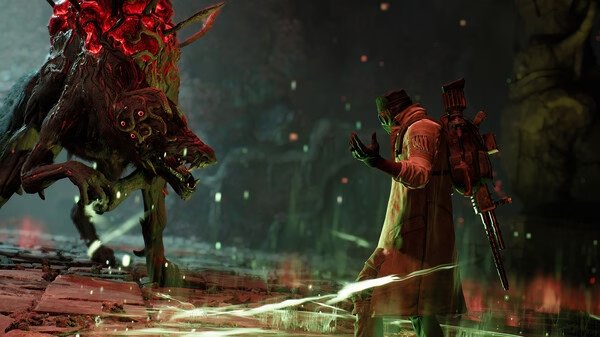A REMNANT II® screenshot showing a player facing a glowing, red monstrous creature in a dark, eerie environment.