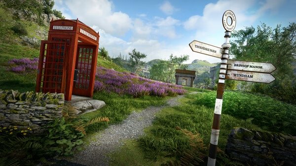 A screenshot from Atomfall showing a scenic countryside with a red phone booth, signpost, and vibrant purple flowers.