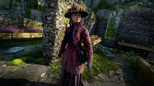 A screenshot from Atomfall showing a character in a red outfit and hat standing in a lush, stone-walled outdoor environment.