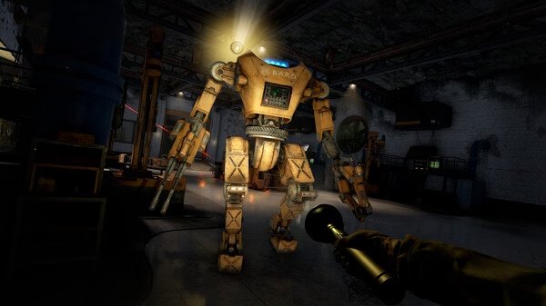 Atomfall screenshot: A towering rusted robot stands in a dimly lit industrial warehouse, illuminated by a player's flashlight.