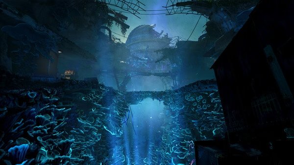 Screenshot from Atomfall showing an eerie futuristic environment with glowing blue light and a dome structure in the distance.